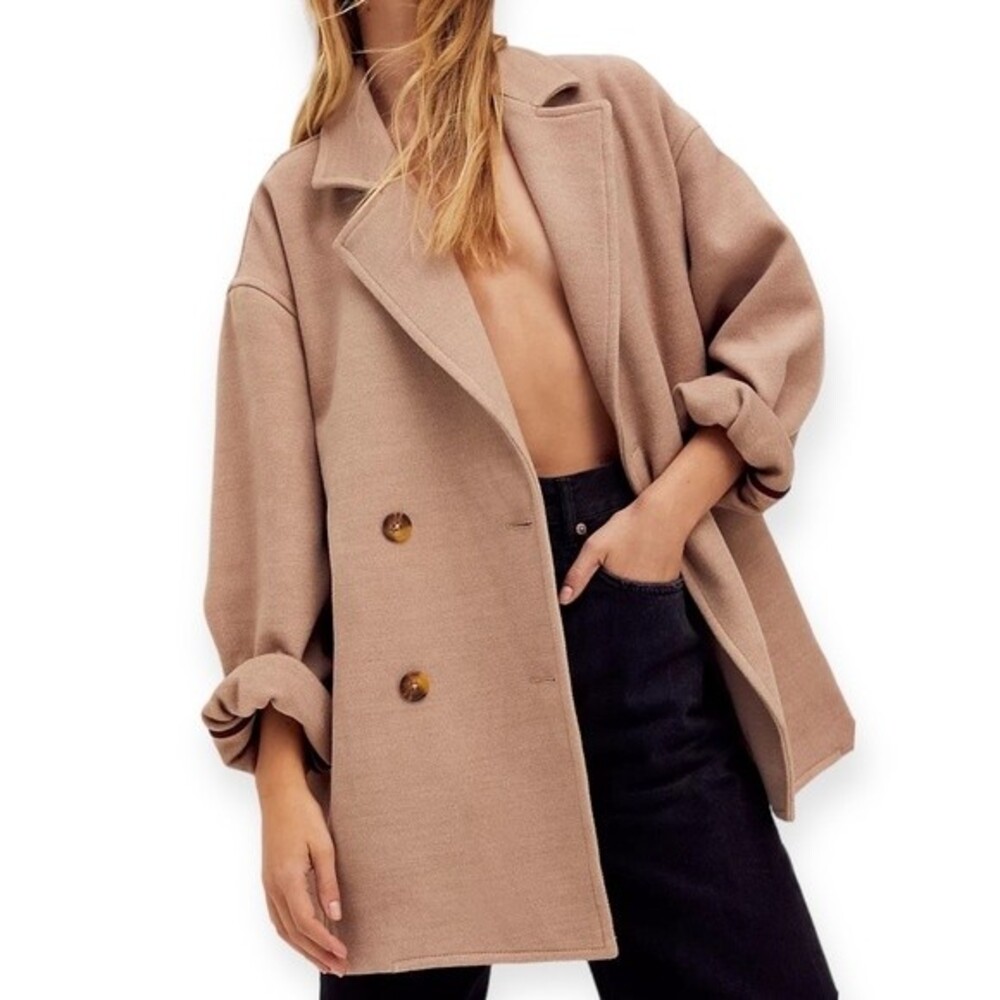 Free People Hannah Slouchy Super Soft Double Breasted Blazer in Camel